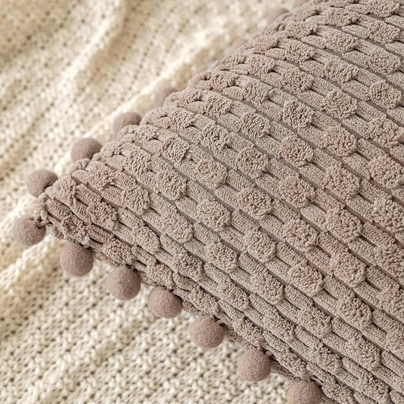 Pompom Tan Stripe Texture Corduroy Farmhouse Cute Luxury Soft Pillow Cover Set - Picture 3 of 7
